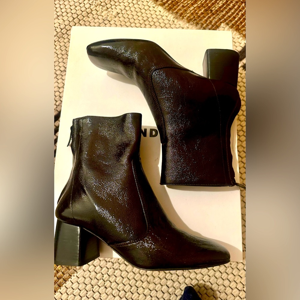 Sandro patent chocolate brown leather Atemis boots.
